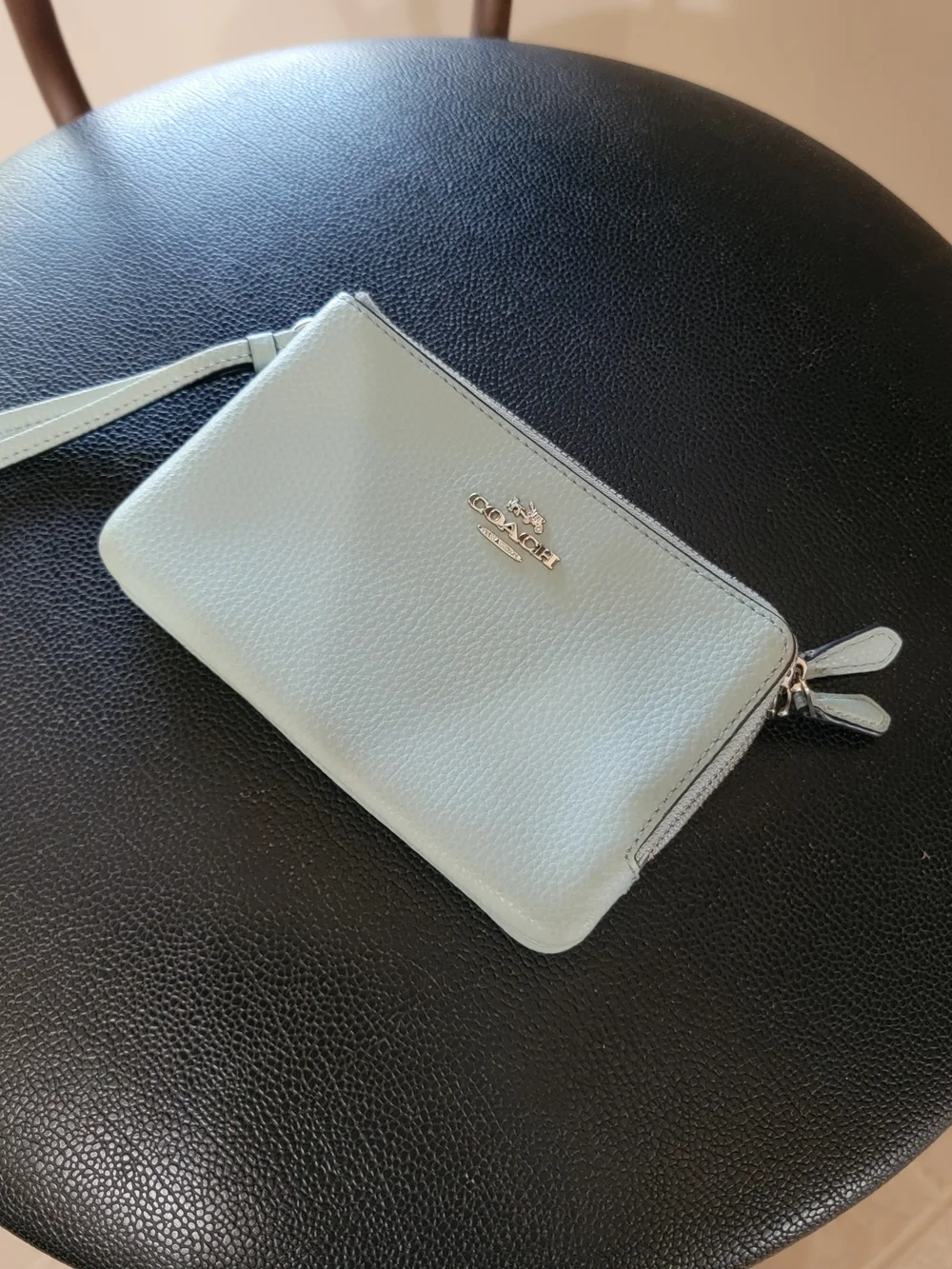 Coach Pebbled Leather Wristlet in Pale Sea Green Color